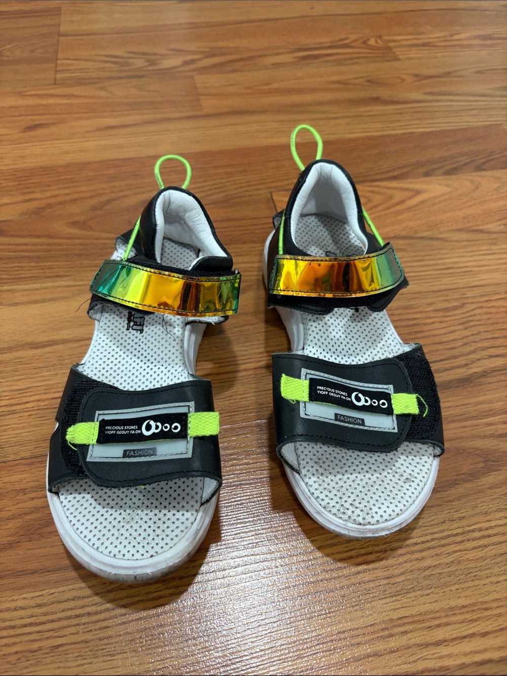 Kids Black Sandals with Neon Green and Iridescent Accent